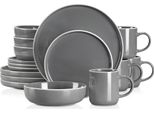 Set Di Stoviglie In Gres Grigio, Contiene Piatti, Ciotole, Tazze, Grigio 16 Pezzi