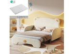 Sweiko (Con Materasso) Letto Matrimoniale A Forma Di Orso, Letto Imbottito, Letto Per Bambini, Letto Da Giorno, Letto Estraibile, Con Bordi Protettivi Morbidi, Con Doghe In Legno, Velluto, Beige (140X110Cm&140X200Cm), Materasso In Spugna Bianca