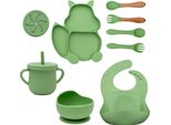 Intirilife Set Di Stoviglie Per Bambini In Silicone Verde - Set Da 8 Pezzi - Tazza Con Cannuccia Bavaglino Con Gocciolatoio Posate E Piatto Stoviglie Per Bambini Antiscivolo
