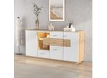 Credenza Sweiko (Con Ripiani In Vetro E Illuminazione Led), Credenza Con 2 Ante E 4 Cassetti, 160 X 40 X 77 Cm