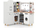 Cucina Per Bambini Costway, Cucina Ad Angolo Con 12 Accessori, Cestini In Tessuto, Frigorifero A Doppia Porta, Macchina Del Caffè, Lavatrice, Luci E Suoni, Bambini Da 3+Bianco