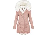 Giacca Invernale Lunga Da Donna - Cappotto Caldo Con Cappuccio, Parka Invernale Con Zip, Giacca In Felpa Slim-Fit Con Coulisse E Tasche, Rosa, S