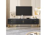 Porta Tv Basso Con Anta Testurizzata, Cassetti, Maniglie E Gambe Dorate, Nero E Oro