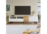 Porta Tv Bianco In Look Legno, 180 X 50 X 38 Cm, Design Minimalista