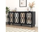Credenza Con 4 Ante A Specchio, Superficie In Plastica Laminata, Maniglie In Cristallo Pregiato, Nero