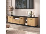 Porta Tv Led Con 1 Cassetto, 3 Ante, 2 Vani A Giorno, Vetro, Legno Nero E Naturale