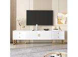 Porta Tv Basso Con Anta Testurizzata, Cassetti, Maniglie E Gambe Dorate, Bianco E Oro