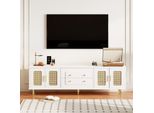 Porta Tv Retrò, 177 Cm, Maniglie Dorate, 2 Cassetti, Anta In Rattan E Gambe In Legno Massiccio, Bianco