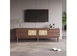 Porta Tv In Legno Alto 180 Cm, 2 Ante In Rattan, 4 Cassetti, Cerniere Idrauliche, Marrone