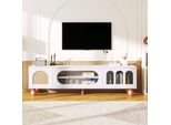 Porta Tv Con Anta In Rattan E Vetro, 3 Vani A Giorno, Maniglie Dorate E Gambe In Legno Massiccio