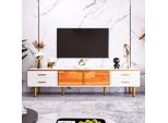 Porta Tv Basso Effetto Marmo, 4 Cassetti Con Maniglie Dorate, 2 Ante In Vetro Temperato, Bianco + Oro