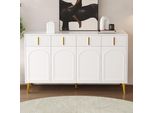 Credenza Con Maniglie E Gambe Dorate, 4 Ante, 4 Cassetti, Con Rivestimento In Laminato Rimovibile, Bianco