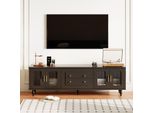 Porta Tv Retrò, 177 Cm, Maniglie Dorate, 2 Cassetti, Anta In Vetro E Gambe In Legno Massiccio, Nero