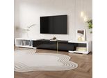 Mobile Tv Allungabile 140-260 Cm - Girevole, Look Marmo Nero, Bianco Opaco E Lucido, Design Moderno
