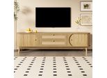 Mobile Tv Merax Con Superficie In Rattan, Mobile Tv Con Ante E Cassetti In Legno Massiccio, Porta Tv In Stile Country In Legno E Rattan, Finitura Naturale