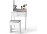 Tavolino Da Toilette Costway Con Sgabello Imbottito, Tavolino Da Toilette Con Prese Di Corrente, 3 Specchi A Led Colorati, Piano In Vetro, Ripiano Aperto E Cassetti