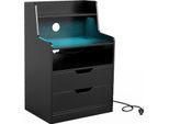 Comodino Costway Tavolino Con Led, Stazione Di Ricarica, 2 Cassetti, Scomparti Aperti E Telecomando, Tavolino Da Divano, Comodino 45X35X72,5 Cm Nero