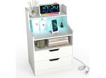 Comodino Costway Tavolino Con Led, Stazione Di Ricarica, 2 Cassetti, Scomparti Aperti E Telecomando, Tavolino Da Divano, Comodino 45X35X72,5 Cm Bianco