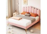 Letto Imbottito Merax 140X200Cm Con Testata A Forma Di Dita E Rete A Doghe, Letto Matrimoniale Con Testata Regolabile In Altezza E Rivestimento In Velluto Rosa
