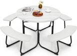 Set Di Sedute Costway Per 8 Persone, Set Di Sedute Per Mobili Da Giardino Tavolo Da Picnic Con Foro Per Ombrellone, 4 Panche E Tavolo Da Giardino Rotondo Con Piano In Hdpe Bianco