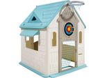 Succebuy Casetta Da Giardino 5 In 1: Casetta Da Giardino Con Area Giochi Di Ruolo, Canestro Da Basket, Bersaglio Per Freccette, Porta Da Calcio E Gioco Del Lancio Degli Anelli. Casetta Per Bambini Con Porta, Scivolo E Finestre Per Bambini Dai 2 Anni In Su.