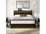 Letto Imbottito Flieks 140X200Cm Con Usb, Letto Contenitore Letto Matrimoniale Con Rete A Doghe E 4 Cassetti, Letto Per Ragazzi Con Led, Letto In Legno Letto Funzionale, Pu, Nero