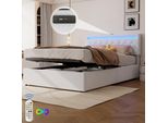 Letto Imbottito Merax 140X200 Cm, Letto Piano Con Led, Connessione Di Ricarica Usb E Type-C, Contenitore Idraulico, Letto Matrimoniale, Biancheria, Bianco