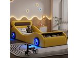 Letto Per Bambini Merax 90X200Cm, Letto Per Auto Con Ruote Led, Contenitore, Rete A Doghe, Letto Per Ragazzi, Letto Singolo, Letto Imbottito, Pu, Giallo