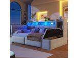 Flieks Divano Letto Da Giorno 90X190Cm Con Sgabello Idraulico, Letto Imbottito Letto Singolo Con Funzione Di Carico E Led, Letto Per Ragazzi In Velluto Con Ripiani, Grigio