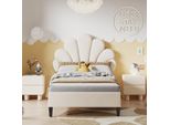 Letto Imbottito Per Bambini 90 X 200 Cm Con Testata Floreale E Rete A Doghe, Velluto, Beige