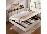 Letto Imbottito Flieks 160X200Cm Con Usb E Prese Di Corrente, Letto A Molle Insacchettate Letto Matrimoniale Con Contenitore, Letto Contenitore Letto Giovanile Con Rete A Doghe, Lino, Beige