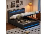 Letto Imbottito Flieks 160X200Cm Con Funzione Di Ricarica (Usb E Presa Di Corrente), Letto A Molle Insacchettate Con Contenitore, Letto Per Ragazzi Letto Matrimoniale Con Led, Biancheria, Grigio