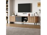 Merax Tv Lowboard 175 Cm, Per Tv Fino A 75 Pollici, 3 Armadi, Ripiano In Vetro, Mobile Tv Moderno, Mobili Da Soggiorno In Legno Nero