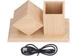 Portapenne, Orologio, Controllo Vocale, Display Led Hd, Usb, A Batteria, Sveglia Digitale In Legno Con Termometro