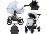 Carrozzina Kunert Brav 3In1 In Ecopelle Blu Con Telaio Champagne, Ruote In Gel E Seggiolino Auto