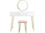 Luxiqo® Tavolino Da Toilette - Set Da Trucco Con Specchio - Specchio Girevole A 360° - 3 Cassetti - Sgabello In Velluto - Bianco/Grigio