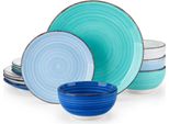 Set Da Portata Vittoria - 12 Pezzi - 4 Persone - Ceramica Blu - Piatti Per La Cena, La Colazione E I Piatti Fondi - Servizio Da Cucina