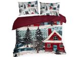 Eurofirany - Biancheria Da Letto Natalizia - Cotone - Bianco Rosso Verde - Copripiumino 200 X 160 Cm - 2X Federa 80 X 70 Cm