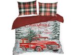 Eurofirany | Biancheria Da Letto Natalizia - 160 X 200 Cm - Rosso Verde - Cotone - Motivo Natalizio - 1X Copripiumino - 2X Federa