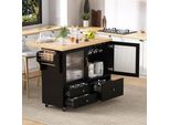 Carrello Da Cucina A Isola Merax Con Piano Di Lavoro Estensibile, Su Rotelle, Portabicchieri, 2 Ante In Vetro, 3 Cassetti, Carrello Da Cucina, Nero+Naturale
