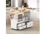Carrello Da Cucina A Isola Merax Con Piano Di Lavoro Estensibile, Su Rotelle, Portabicchieri, 2 Ante In Vetro, 3 Cassetti, Carrello Da Cucina, Bianco+Naturale