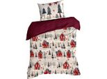 Eurofirany | Biancheria Da Letto Natalizia - Set Da Letto - 140 X 200 Cm - Rosso Crema - Cotone - Fantasia Natalizia
