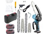 Motosega A Batteria - Set Di Mini Seghe Per Potatura - 21 V - Lama Da 10 Cm E 15 Cm - 2 Batterie - 2 Catene - Spina Ue - Blu
