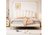 Letto Imbottito Flieks 140X200Cm Con Rete A Doghe, Letto Per Ragazzi Letto Matrimoniale Con Testiera A Forma Di Steccato, Letto Per Bambini Letto In Legno Letto Classico, Velluto, Beige