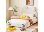 Letto Imbottito Flieks 140X200Cm Con Rete A Doghe, Letto Per Bambini Letto Per Ragazzi Con Motivo Di Orecchie D'orso, Letto Matrimoniale Letto In Legno Letto Classico Per Bambini, Velluto, Bianco