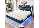 Letto Imbottito Flieks 140X200Cm Con Usb, Letto Matrimoniale Letto Giovanile Con Led, Letto Contenitore In Legno Con Testiera A Battente, Letto Classico, Lino, Grigio