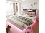 Letto Imbottito Flieks 160X200Cm Con Usb, Letto Matrimoniale Letto Giovanile Con Led, Letto Contenitore In Legno Con Testiera A Battente, Letto Classico, Biancheria, Beige
