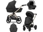 Carrozzina Kunert Brav 3In1 In Ecopelle Nera Con Telaio Champagne, Ruote In Gel E Seggiolino Auto