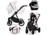Carrozzina Kunert Ivento 3In1 In Bianco/Rosa Con Telaio Nero E Fiori Delicati