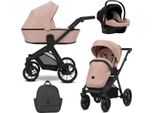 Passeggino Kunert Brav 3In1 Rosa Con Telaio Nero, Ruote In Gel E Seggiolino Auto Cosmo